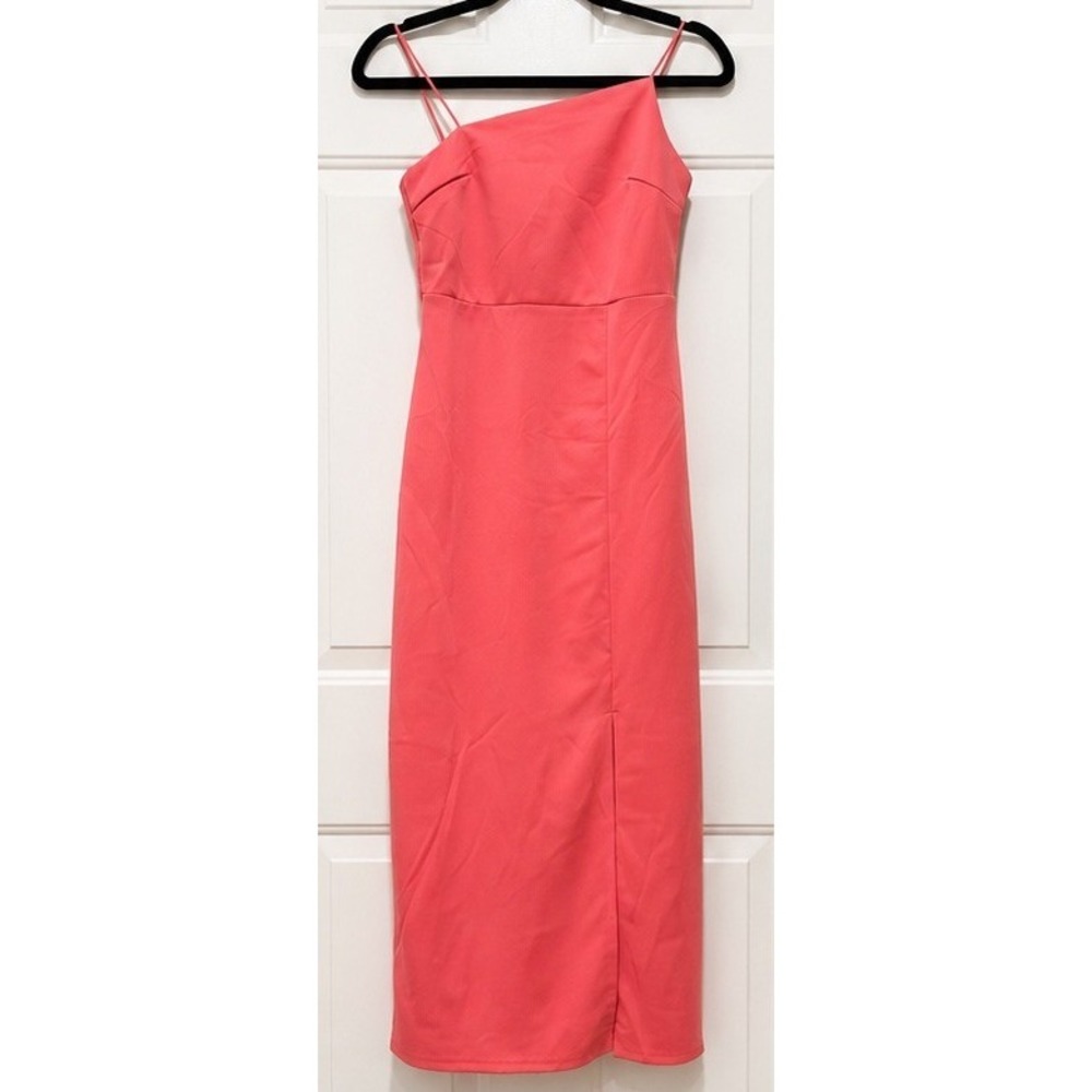 Lyaner Women Coral Pink Asymmetrical Spaghetti Strap Midi Bodycon Dress Size S